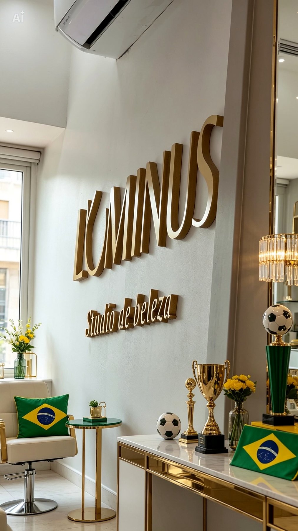 Interior do estúdio com o letreiro dourado Luminus